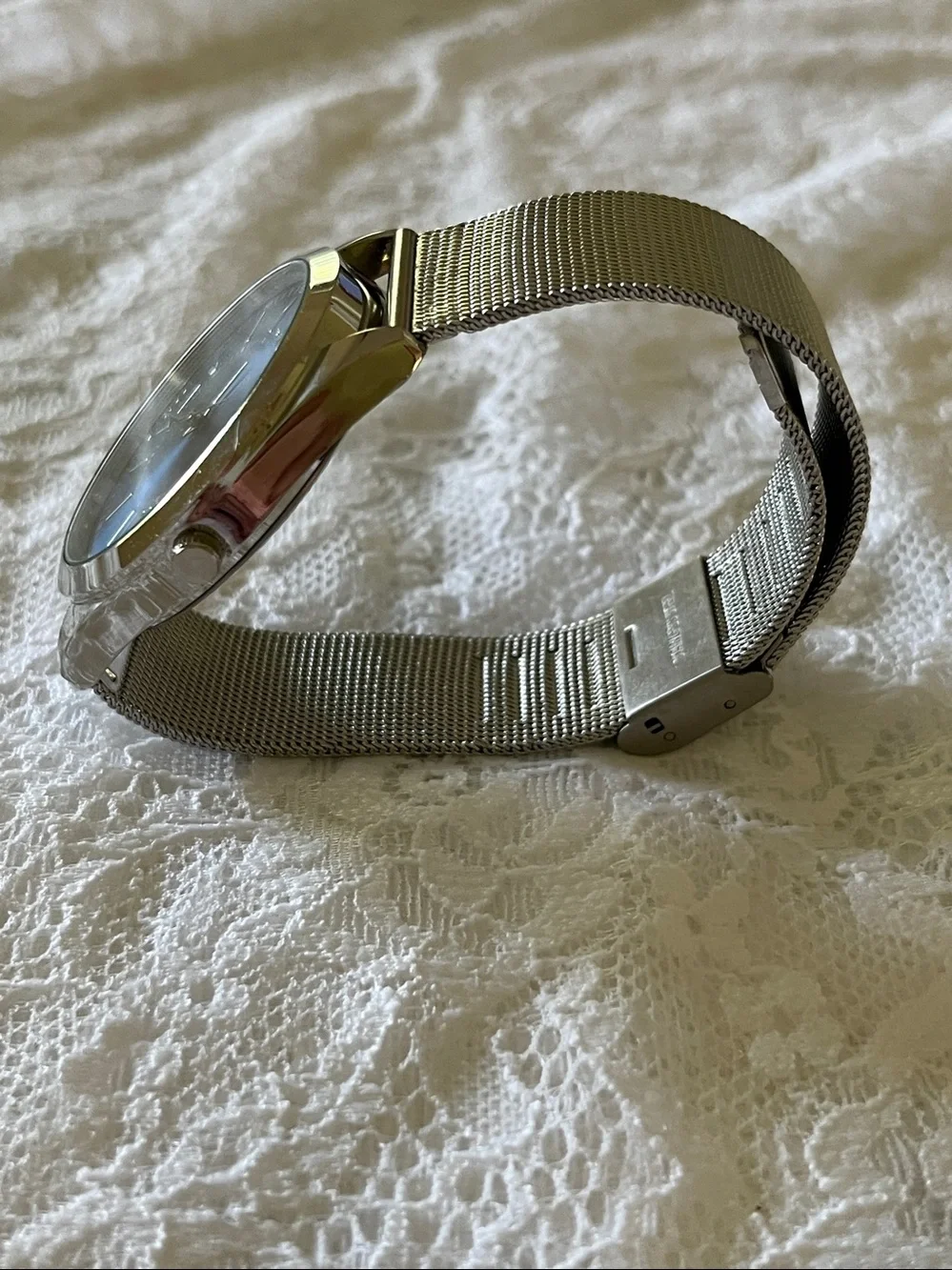 Classic Silver Mesh Band Watch with Black Dial